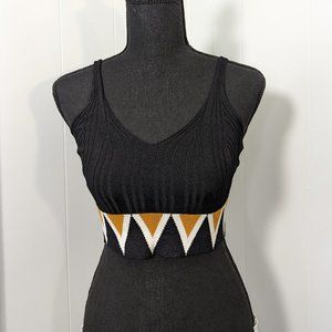 Boho Cropped Tank Top Black & Orange/Mustard Design Ribbed Knit